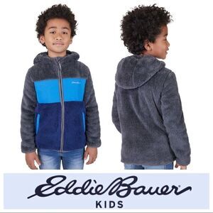 NEW! NWT EDDIE BAUER Youth Boys Blue Gray Color-block Plush Fleece Zip Jacket